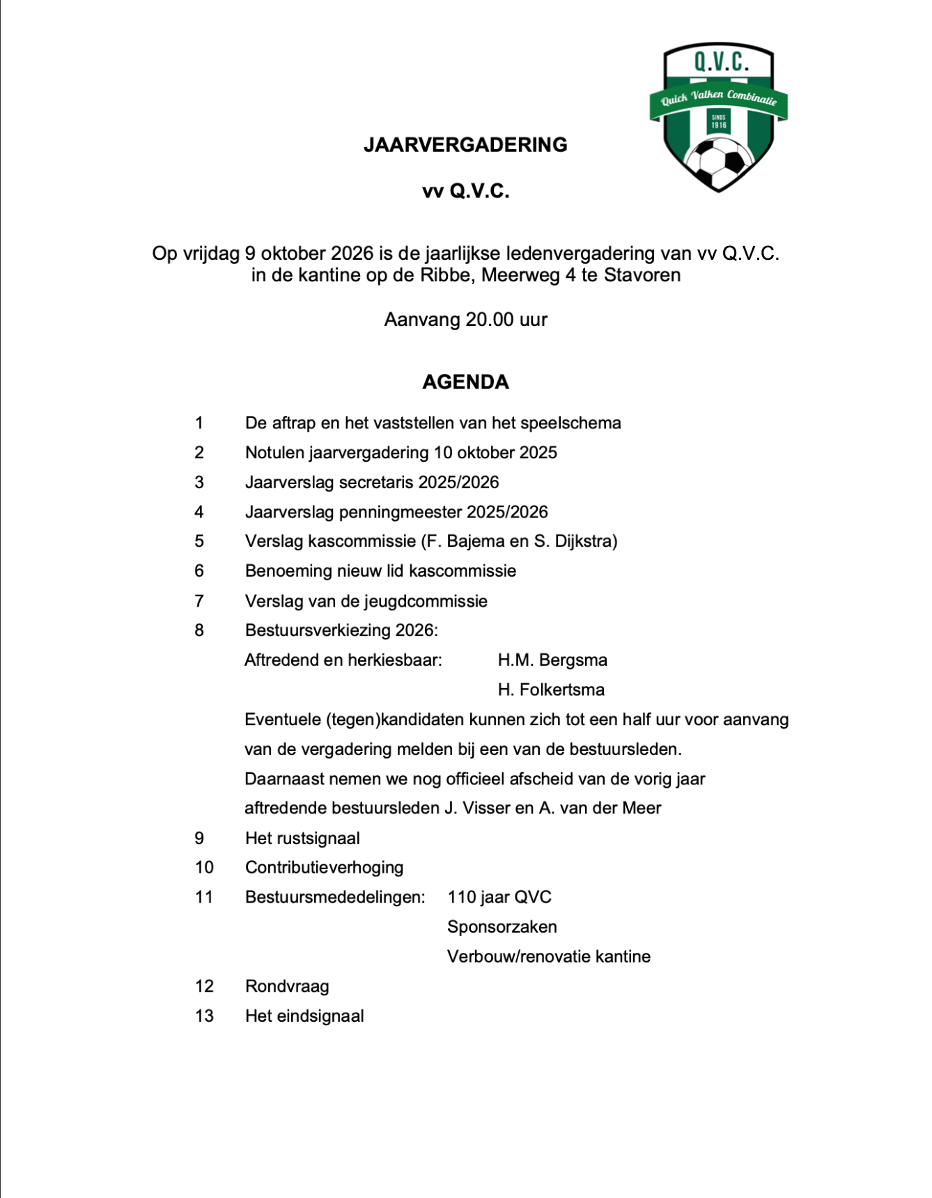 Agenda ledenvergadering